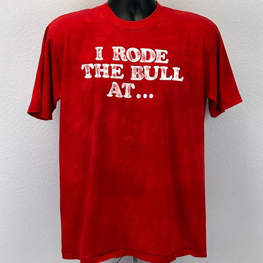 Vintage 80s I Rode the Bull at Country Roads T Shirt Bull Riding Bar Red L Large