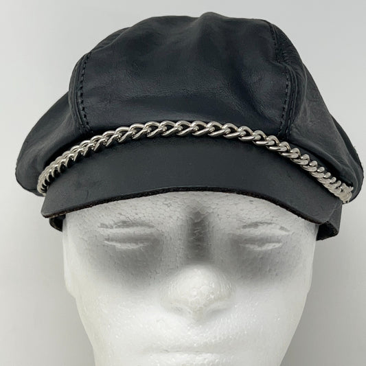 Vintage 90s Leather Captain Biker Hat Cap Black Chain Made in USA Strapback