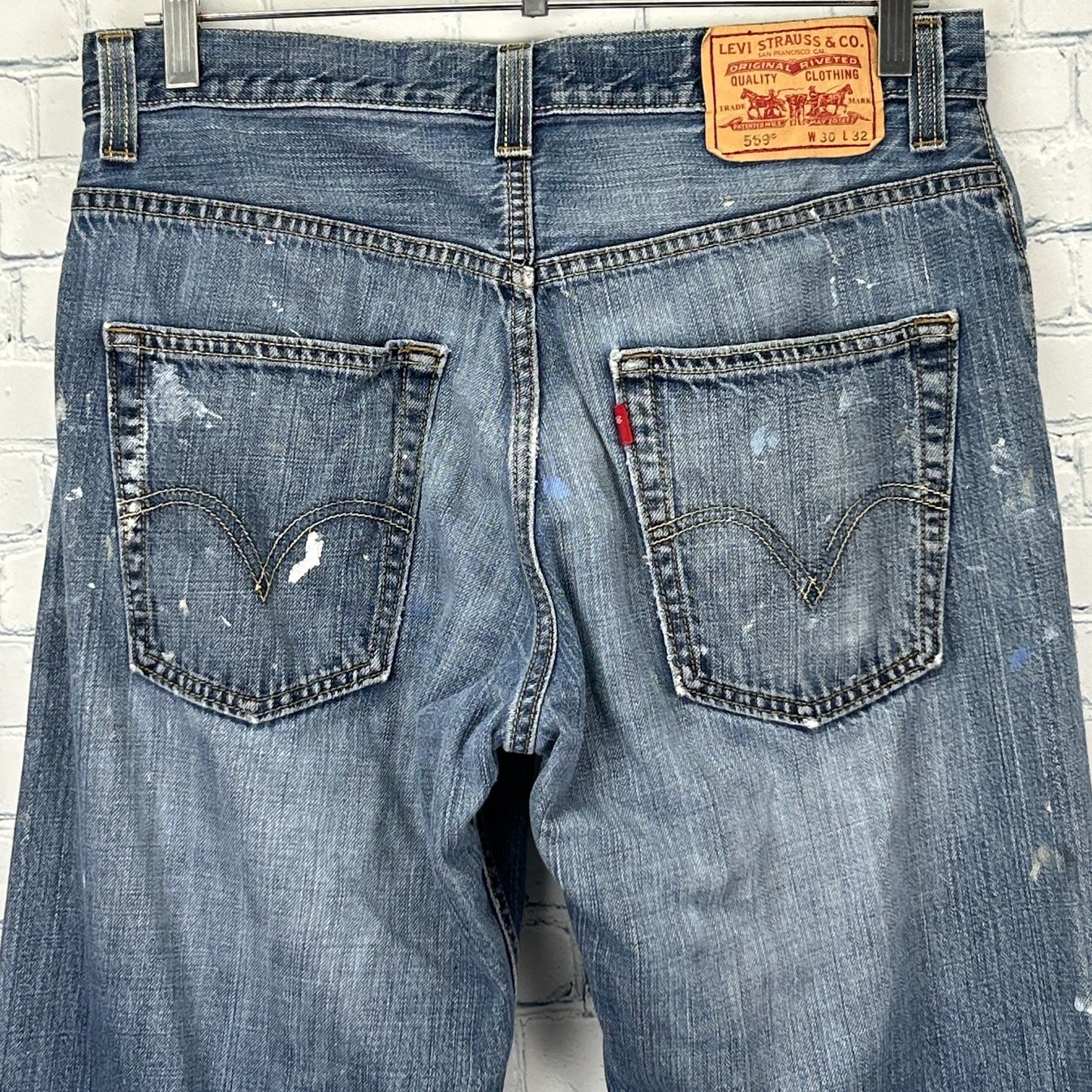 Levis 569 Loose Straight Jeans Distressed Paint Splattered Denim Blue Mens 30x31