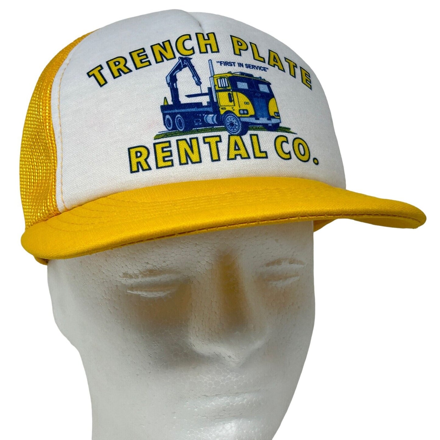 Vintage Trench Plate Rental Co Trucker Hat Baseball Cap 80s Roadwork Mesh Yellow - Neon Vintage