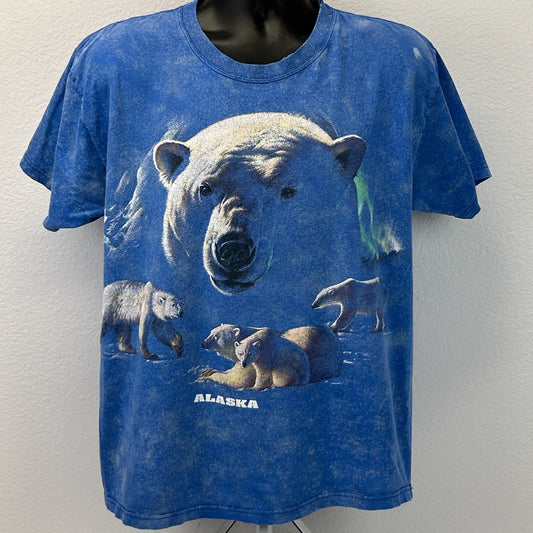 Vintage Y2Ks Polar Bears Alaska T Shirt Bleach Spotted Tie Dye Blue Tee L Large
