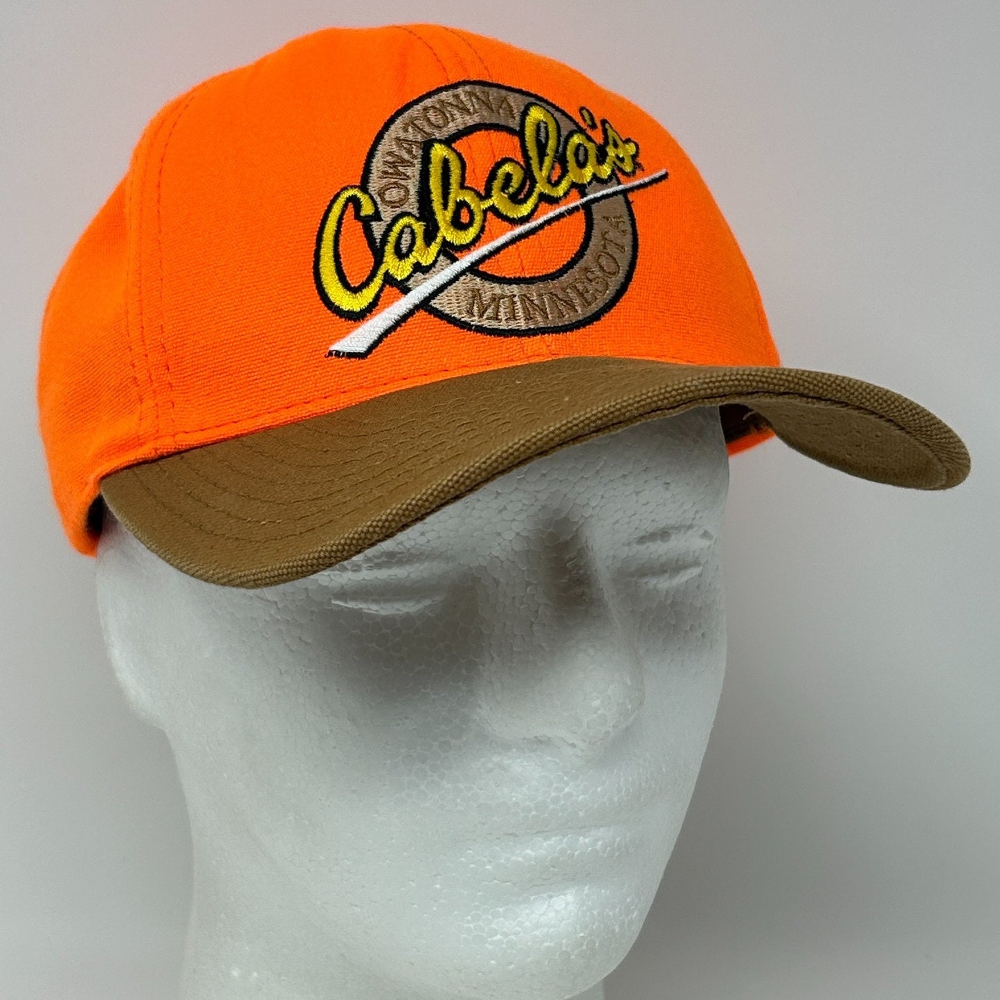 Vintage 90s Cabelas Hat Baseball Cap Owatonna Minnesota Strapback Blaze Orange - Neon Vintage