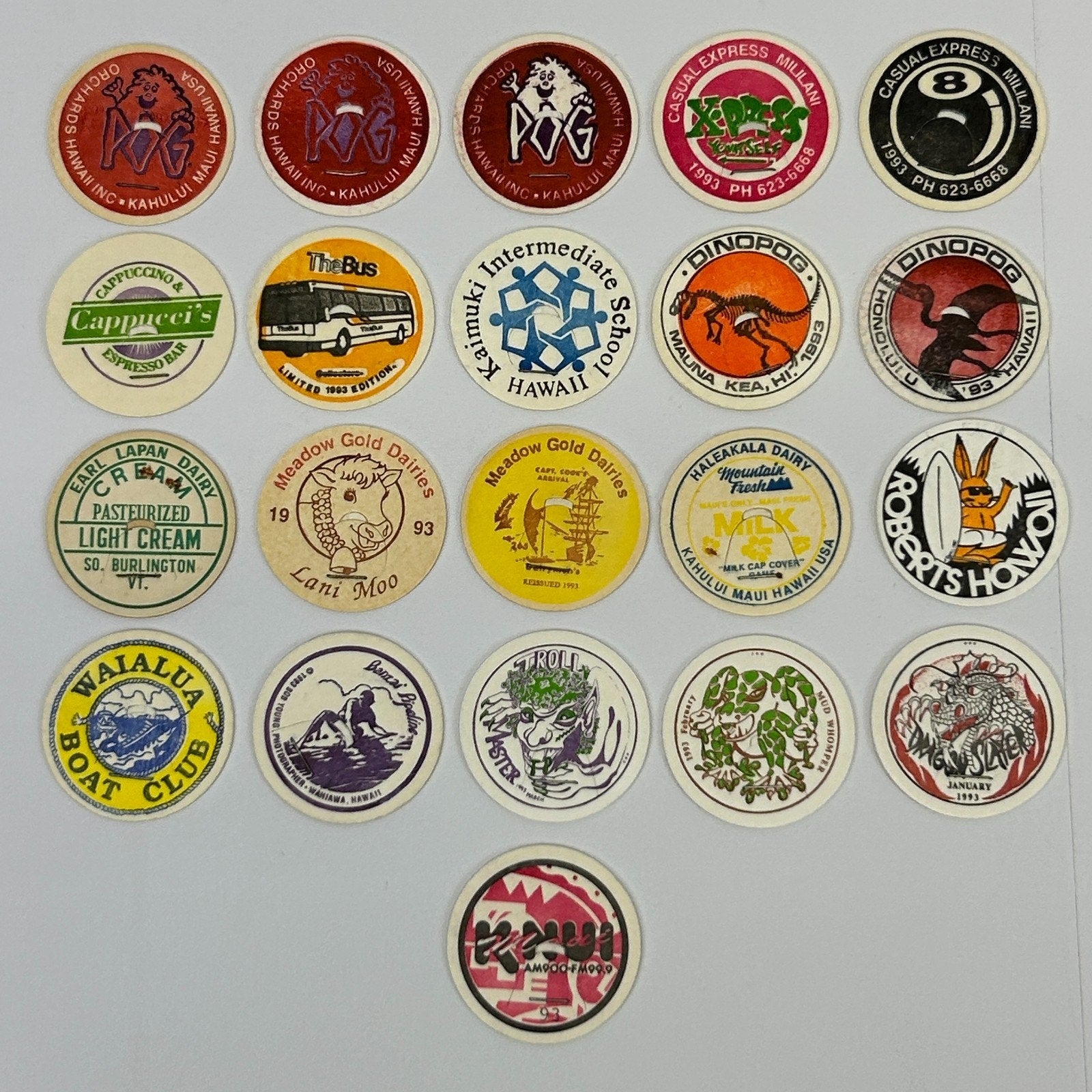 Lot of 21 Hawaii Milk Caps Pogs Vintage 90s Hawaiian Advertising