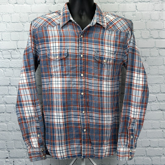 Lucky Brand Pearl Snap Button Front Shirt Plaid True Indigo Blue Mens M Medium