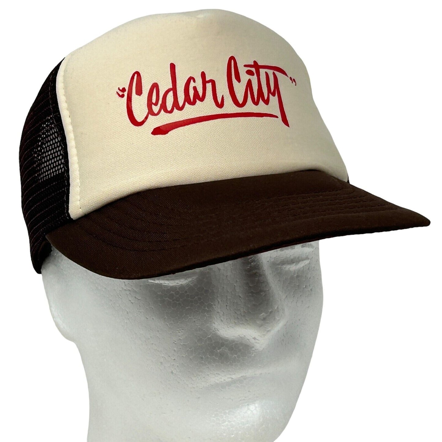 Vintage 90s Cedar City Utah Trucker Hat Cap 5 Panel Mesh Snapback Brown - Neon Vintage
