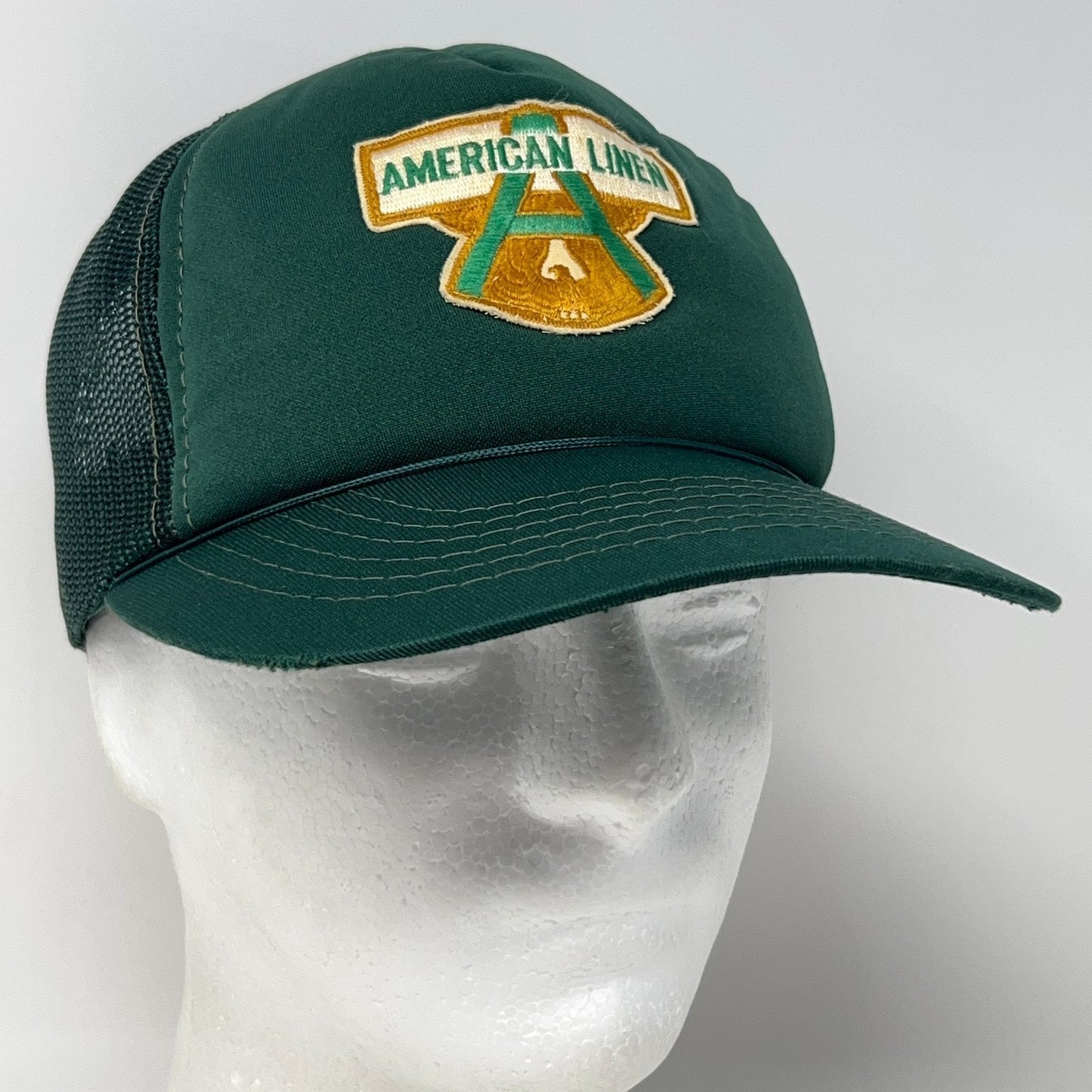 Vintage 80s American Linen Trucker Hat Baseball Cap 5 Panel Mesh Snapback Green