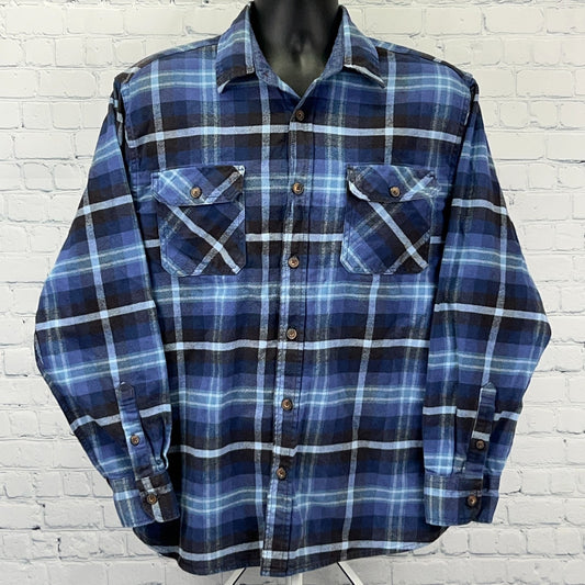 Jachs Mfg Heritage Flannel Button Front Shirt L Large Blue Plaid Pockets Cotton