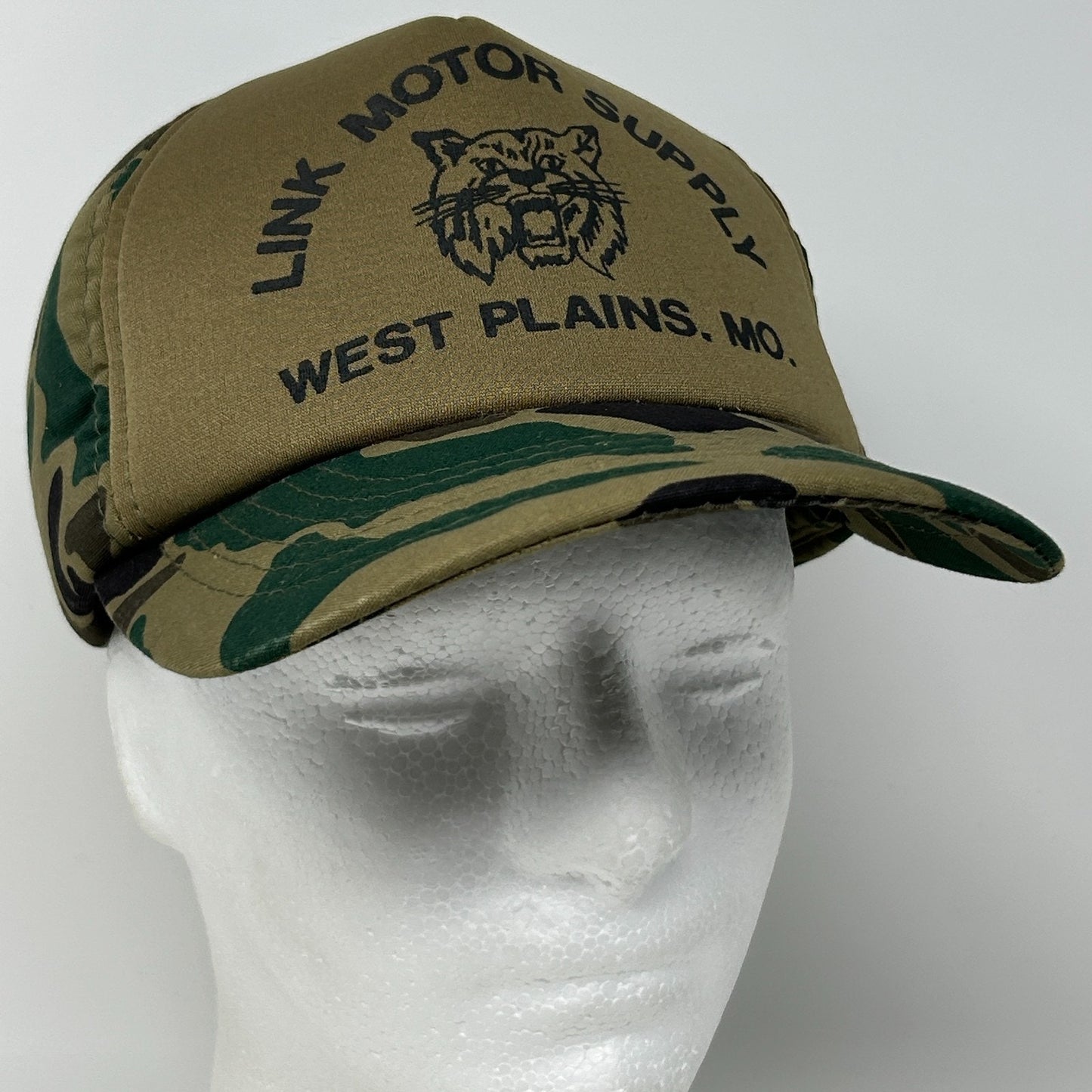 Vintage 80s Link Motor Supply Hat Baseball Cap Camouflage Auto Snapback Beige