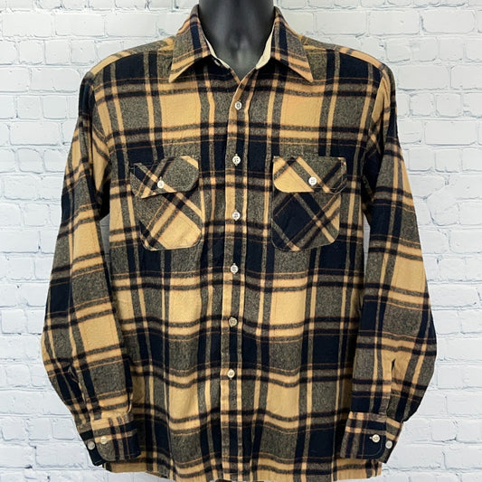 Vintage 90s Kentfield Flannel Button Front Shirt Grunge Plaid Beige M Medium