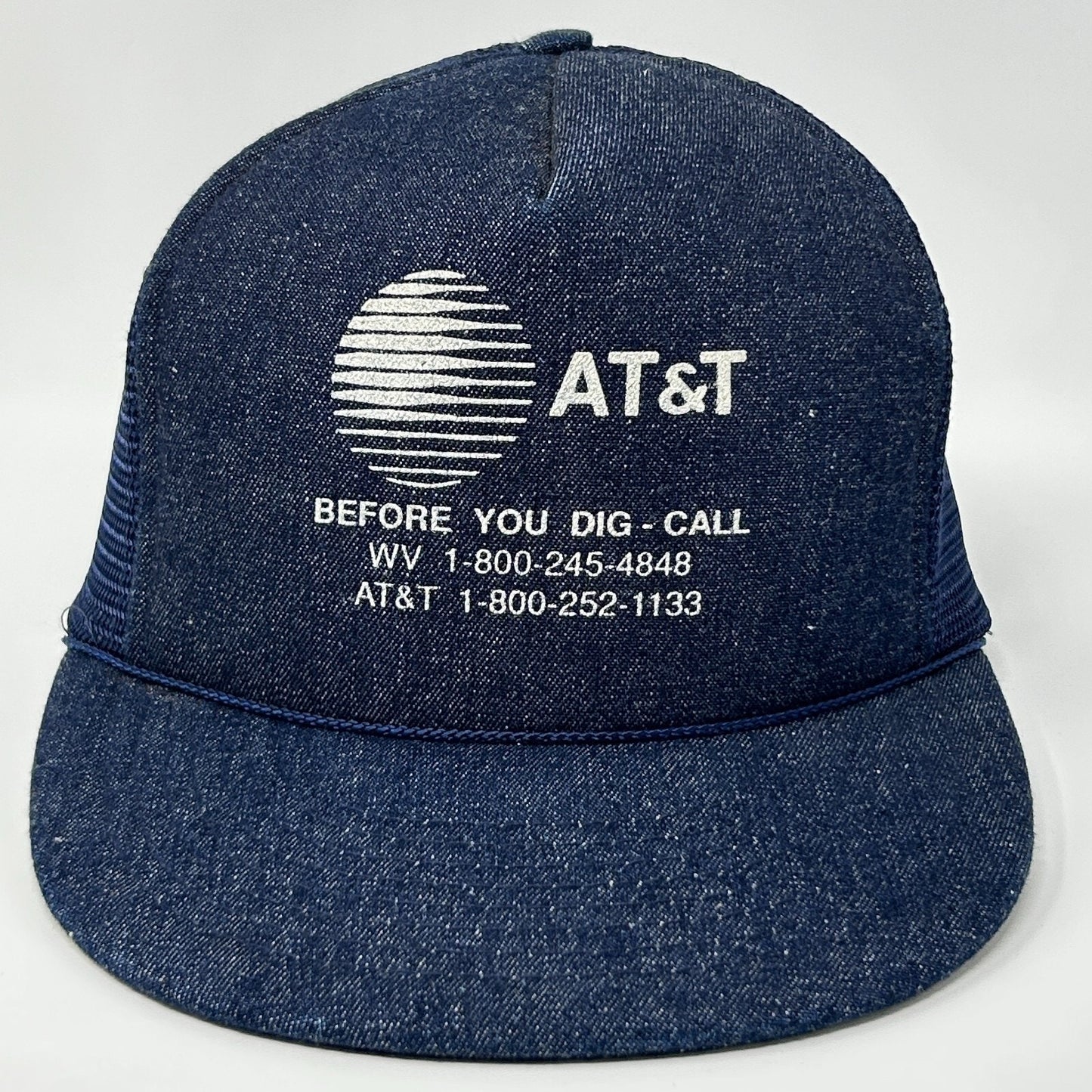 Vintage 90s AT&T Call Before You Dig Trucker Hat Cap Chambray Mesh Snapback Blue