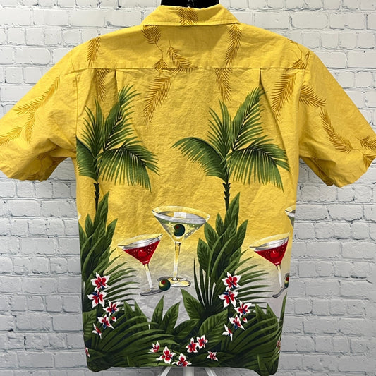 Vintage 90s Martini Cosmo Cocktails Hawaiian Button Front Shirt Yellow L Large