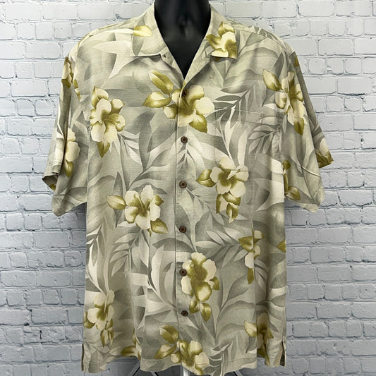 Tommy Bahama Hawaiian Camp Shirt Floral Button Front Pocket Silk Beige XXL 2XL