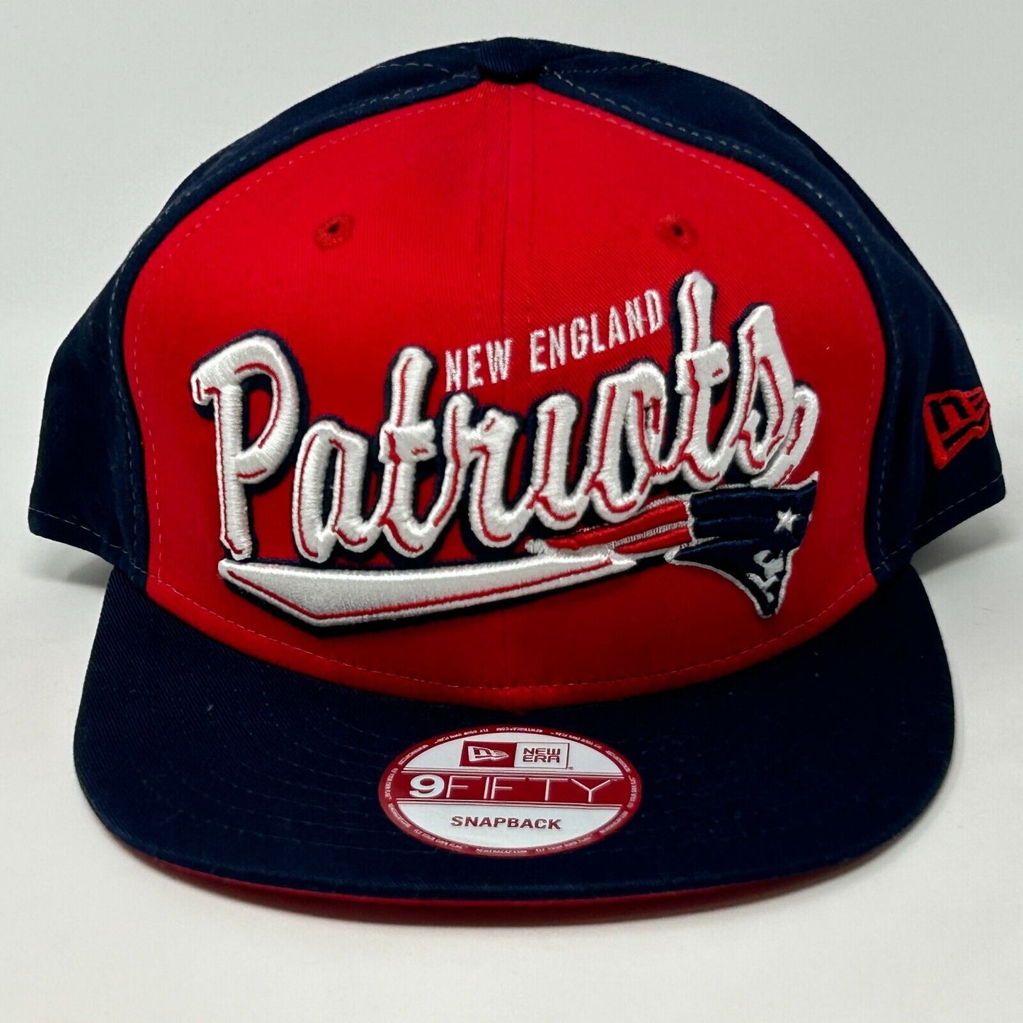 New England Patriots Script Tail Hat Baseball Cap Blue Red New Era NFL Snapback - Neon Vintage