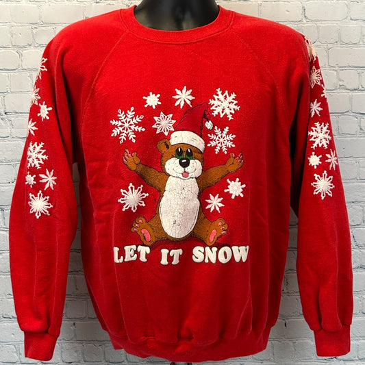 Vintage 80s Let It Snow Christmas Sweatshirt Sweater USA Made Red Mens M Medium