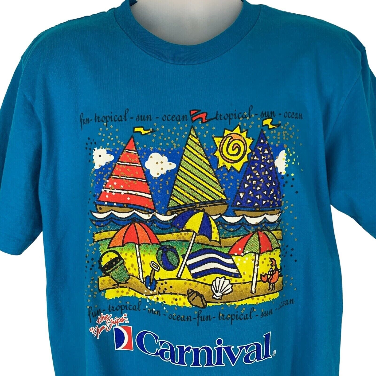 Vintage 90s Carnival Cruise Line T Shirt Sailing Ship Beach Blue Mens L Large Vintage 90s Carnival Cruise Line T Shirt Sailing Ship Beach Blue Mens L Large