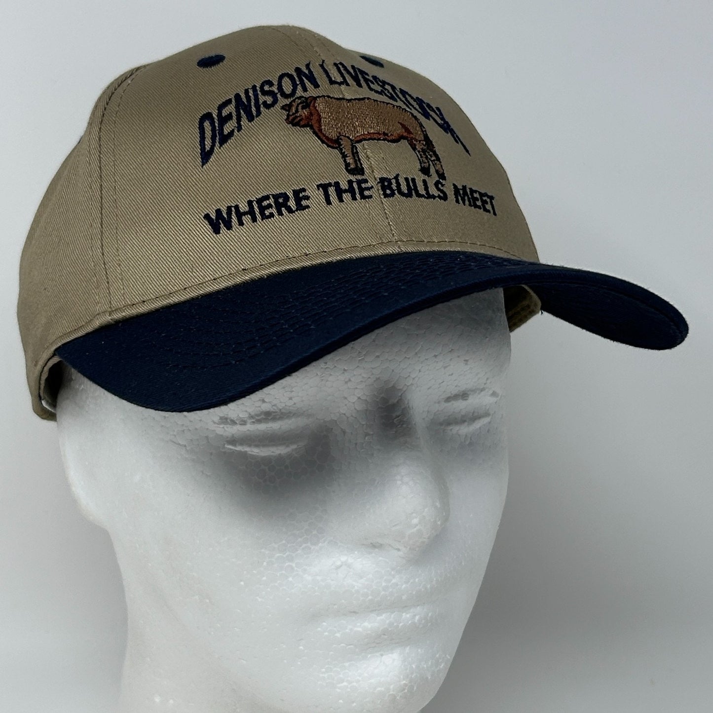 Vintage 90s Denison Livestock Auction Hat Baseball Cap Iowa Bulls Snapback Beige