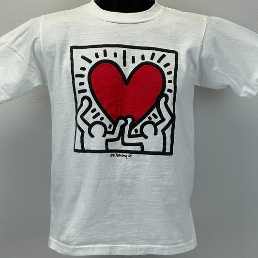 Vintage Keith Haring Men Holding A Heart T Shirt Graffiti Art White Mens S Small