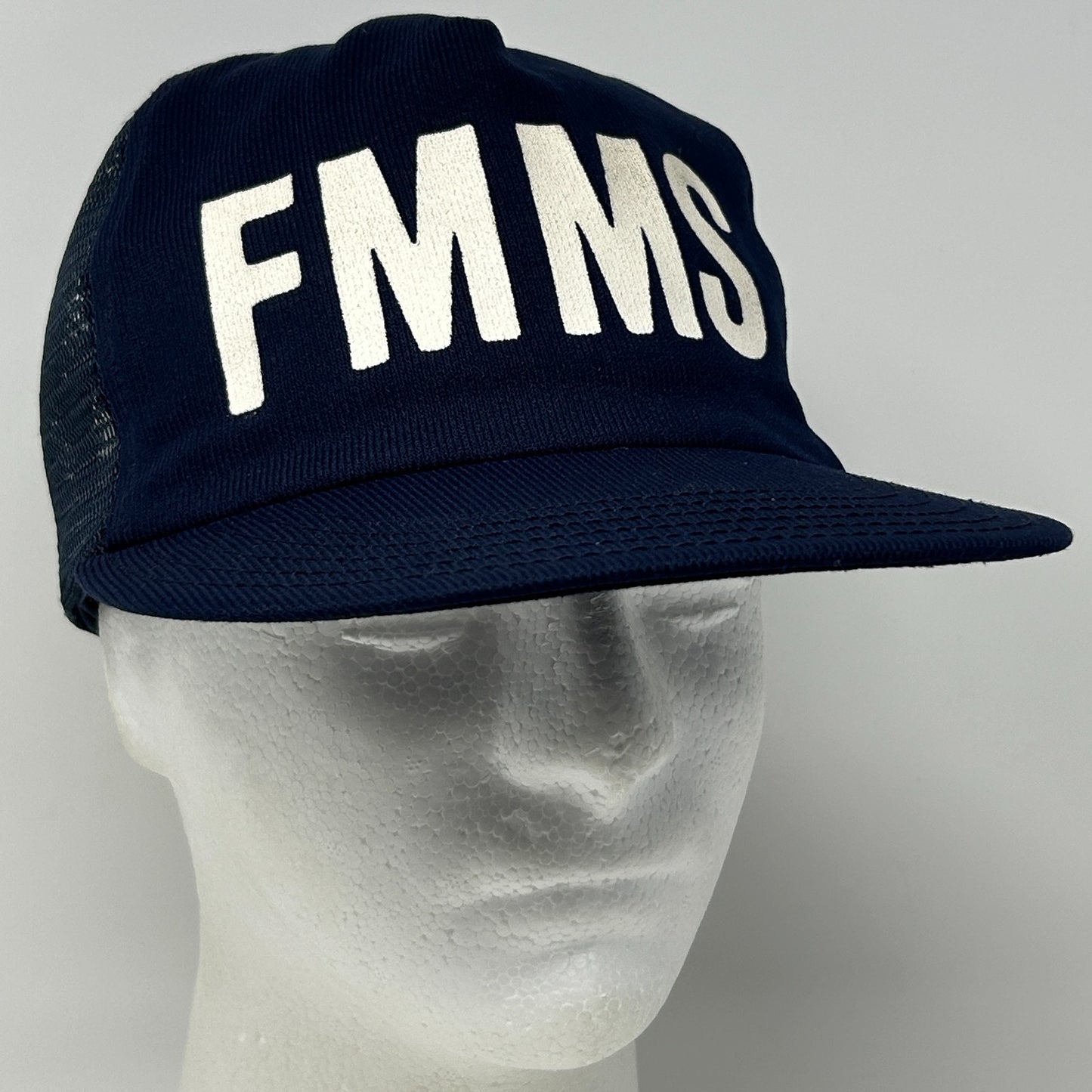 Vintage 90s FMMS Trucker Hat Baseball Cap Made In USA Mesh Snapback Navy Blue