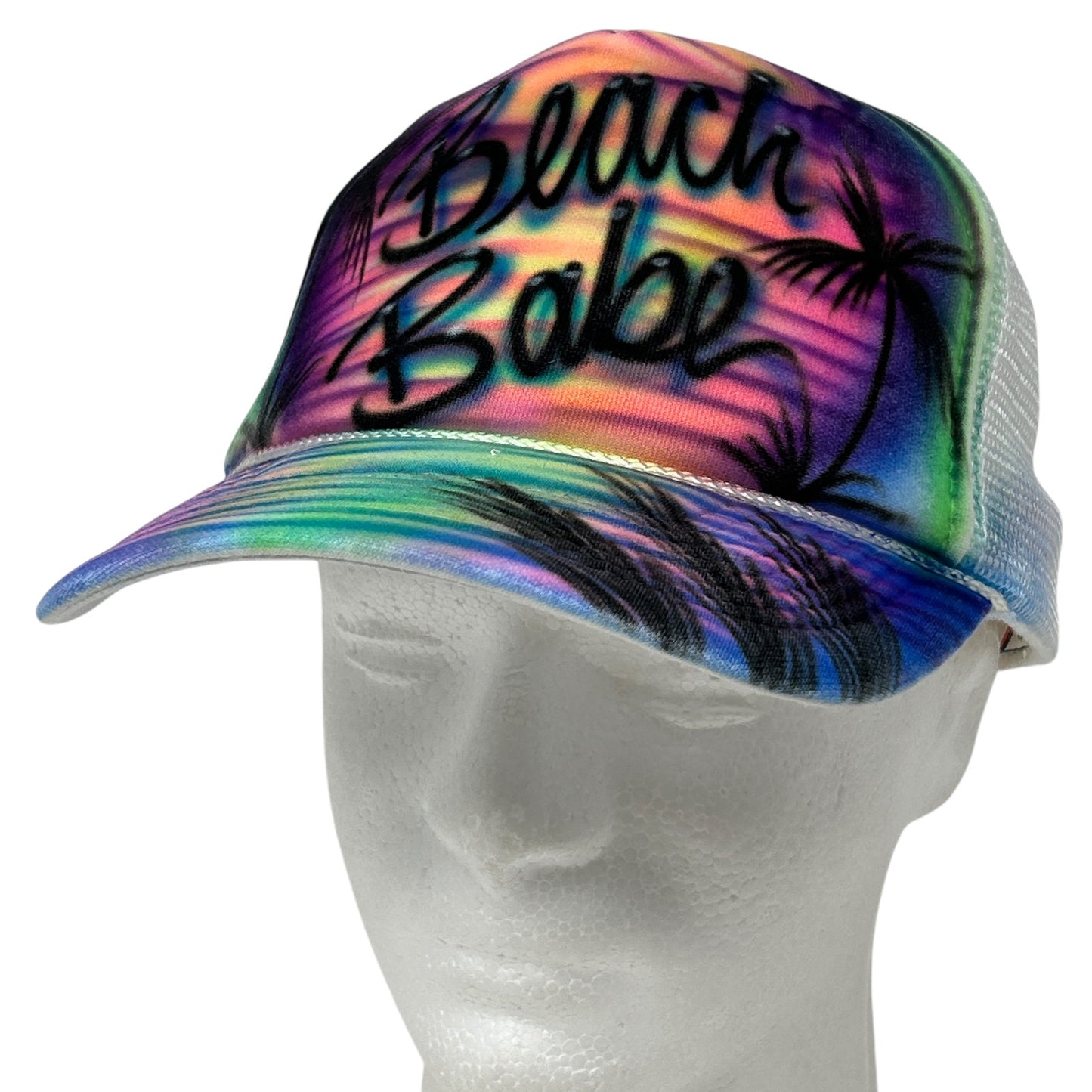 Hand Airbrushed Beach Babe Trucker Hat Baseball Cap Tropical Mesh Snapback White