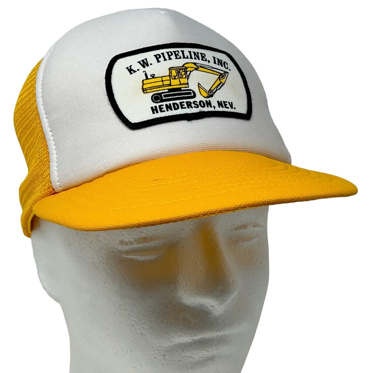 Vintage KW Pipeline Inc Patch Trucker Hat Baseball Cap 80s Backhoe Mesh Yellow - Neon Vintage