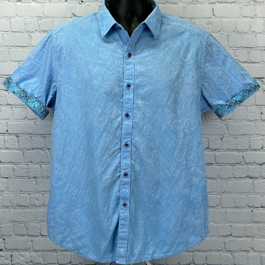 Robert Graham Paisley Button Front Shirt Short Sleeve Blue Mens L Large