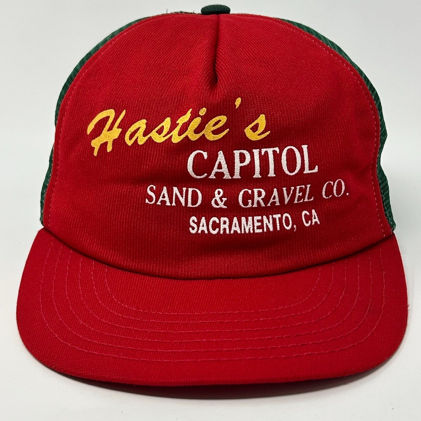 Vintage 90s Hasties Capitol Sand Gravel Co Trucker Hat Cap Sacramento Red USA