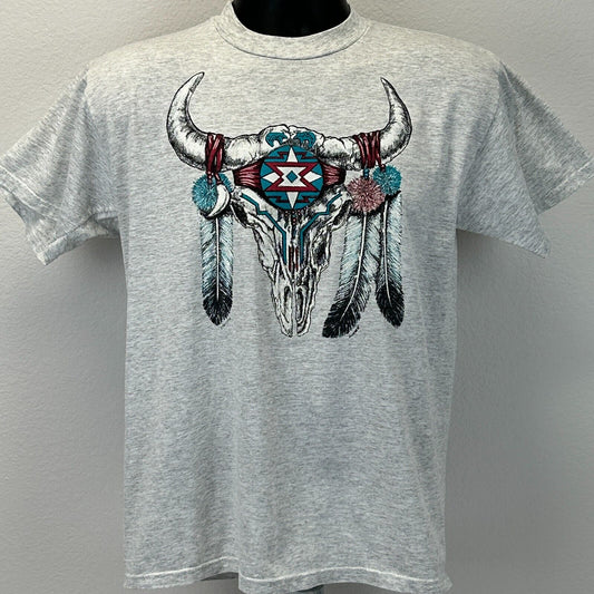 Vintage 90s Native American Indian T Shirt Southwestern Skull Gray Mens M Medium