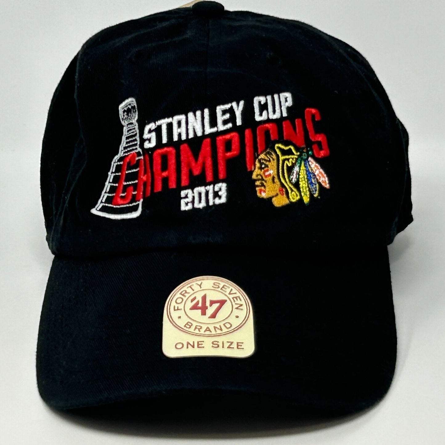 Chicago Blackhawks 2013 Stanley Cup Dad Hat Cap Black 47 Brand Strapback 6 Panel - Neon Vintage