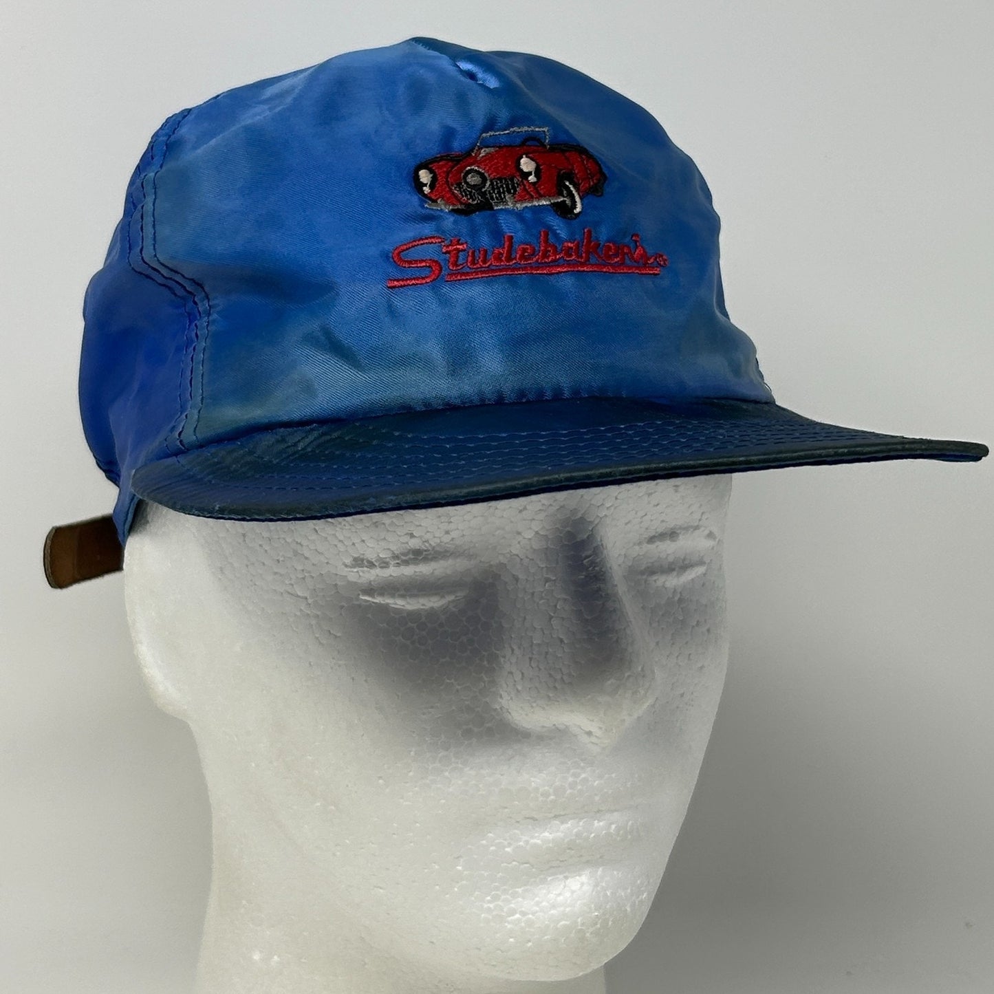 Vintage 80s Studebaker's Nightclub Hat Baseball Cap Satin Leather Strapback Blue - Neon Vintage