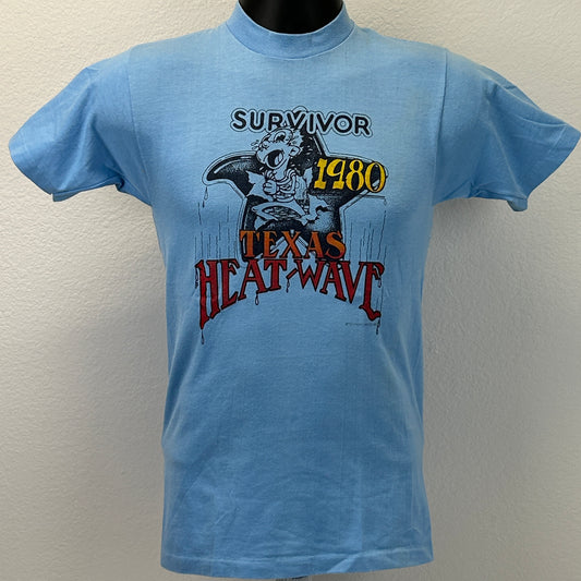 Vintage Survivor 1980 Texas Heat Wave T Shirt Mens XS X-Small Blue Hot Weather - Neon Vintage
