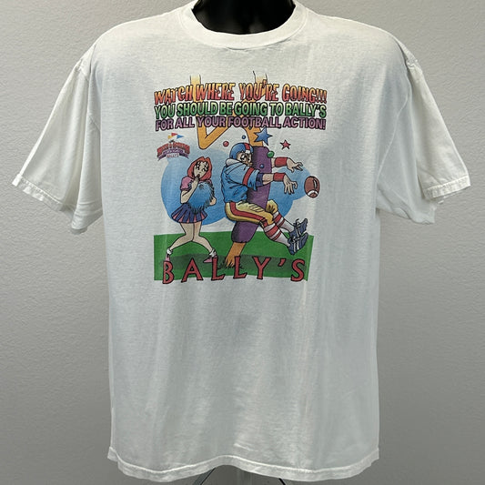 Vintage 90s Ballys Football Sportsbook T Shirt Las Vegas Casino White XL X-Large