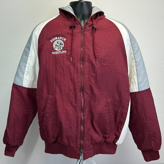 Vintage 90s Demon Wrestling Puffy Jacket Hooded Bismarck High School Red L Large