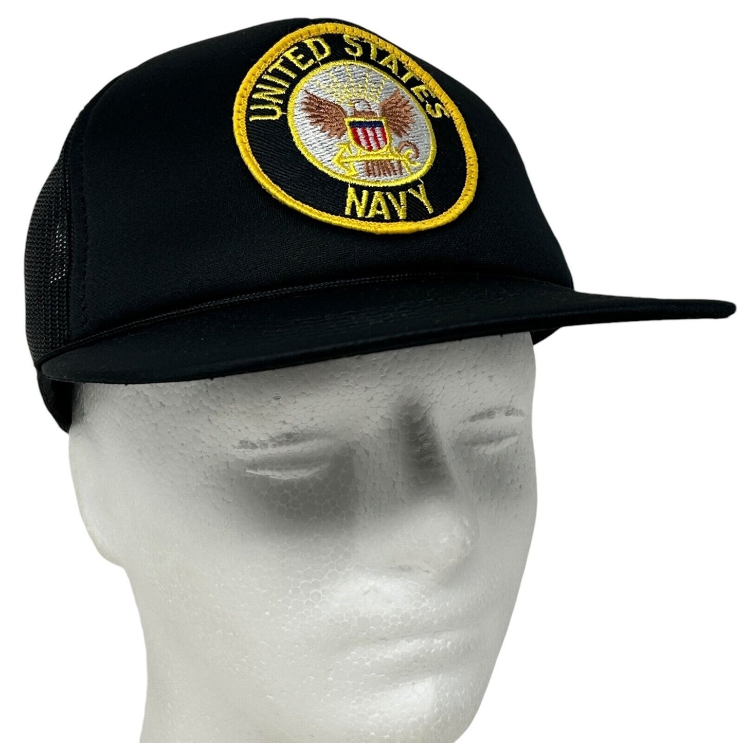 Vintage 90s US Navy Patch Trucker Hat Baseball Cap USN Military Snapback Black