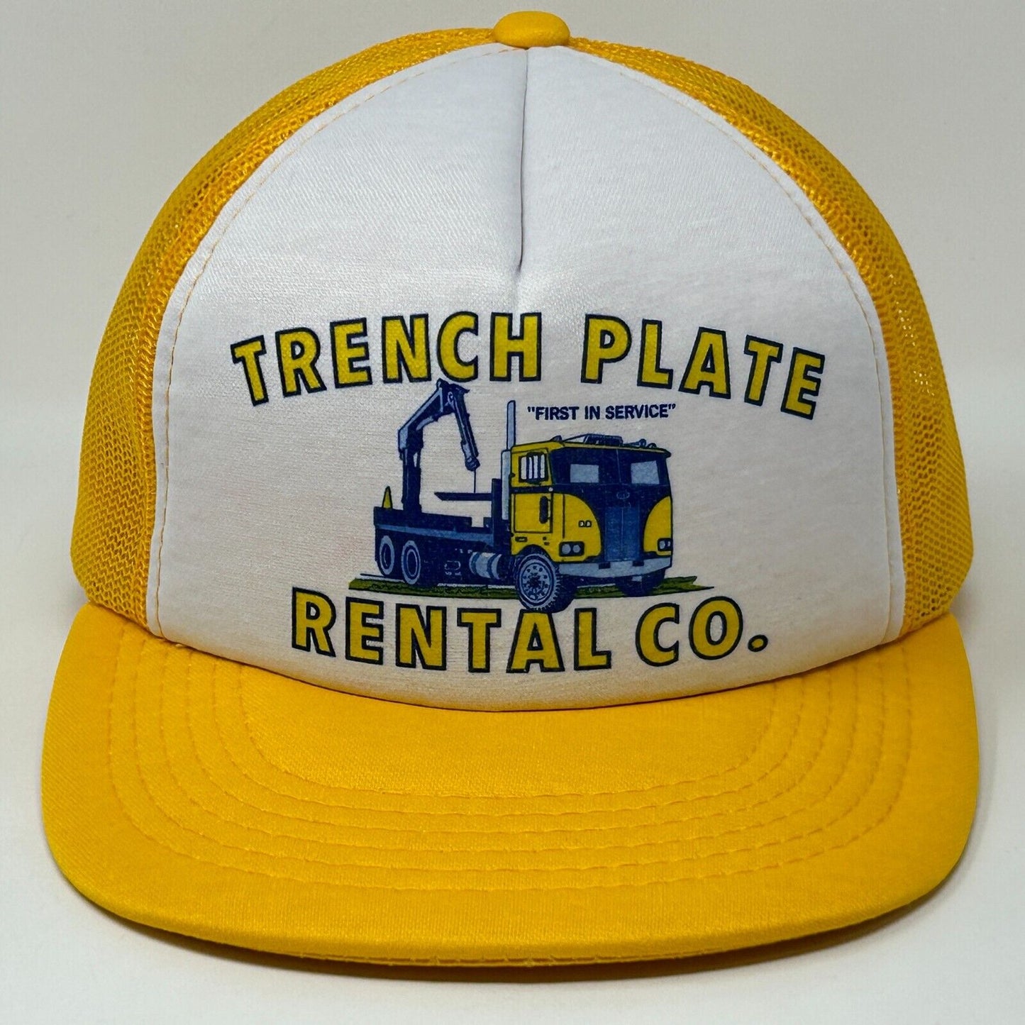 Vintage Trench Plate Rental Co Trucker Hat Baseball Cap 80s Roadwork Mesh Yellow - Neon Vintage