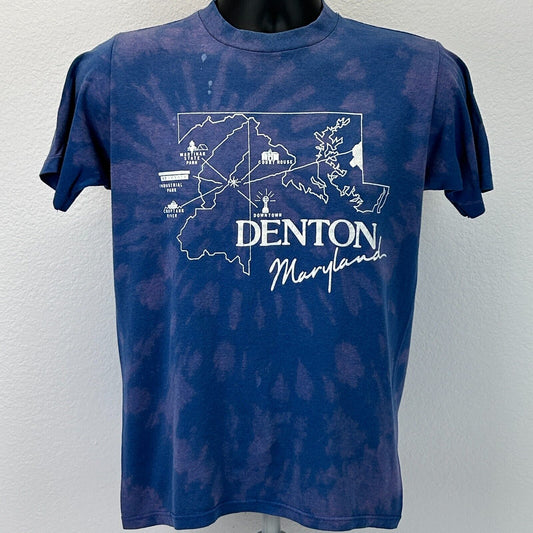 Vintage 90s Denton Maryland T Shirt Map Made In USA Tie Dye Blue Mens S Small