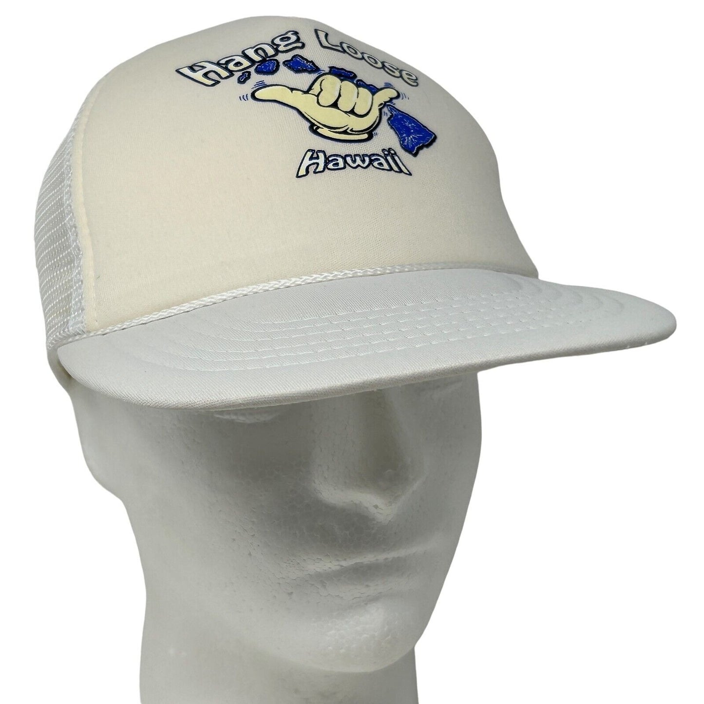Hang Loose Hawaii Trucker Hat Cap White Vintage 90s Shaka Sign Surfer Snapback - Neon Vintage