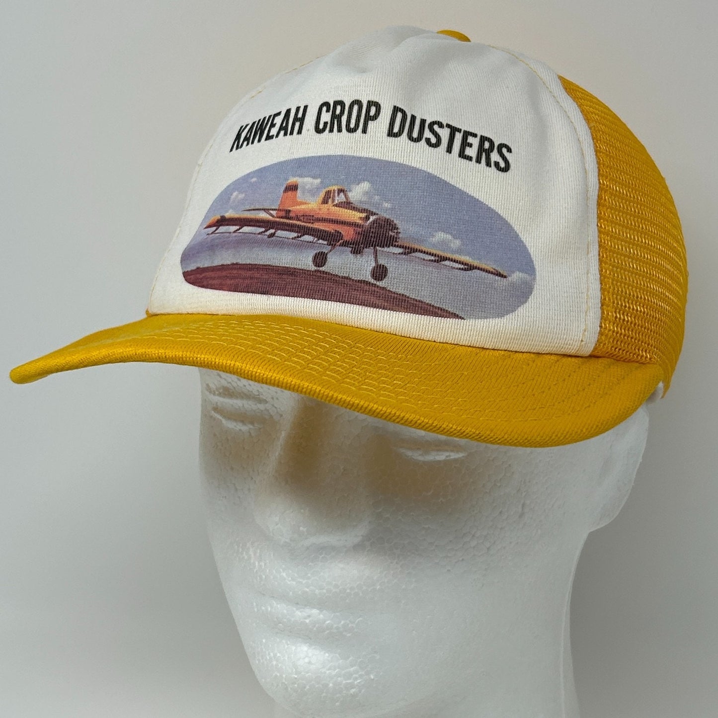 Vintage 80s Kaweah Crop Dusters Trucker Hat Baseball Cap Mesh Snapback Yellow