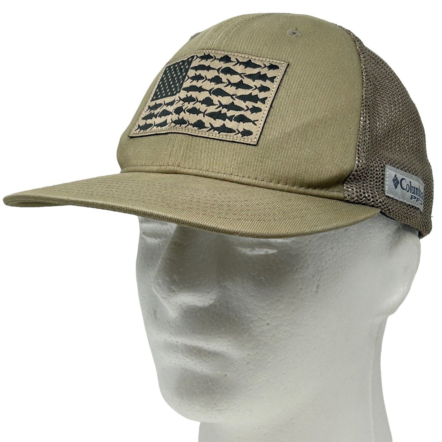 Columbia PFG Trucker Hat Cap FlexFit S/M Fishing Fisherman American Flag Beige - Neon Vintage