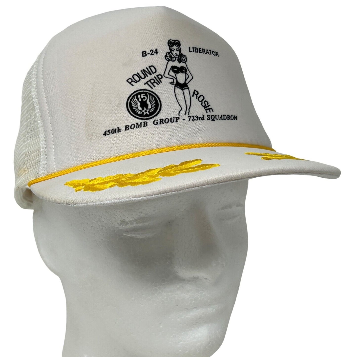 Otto WWII White Trucker Hat with Yellow Floral Design and Vintage B-24 Liberator Graphic on Front