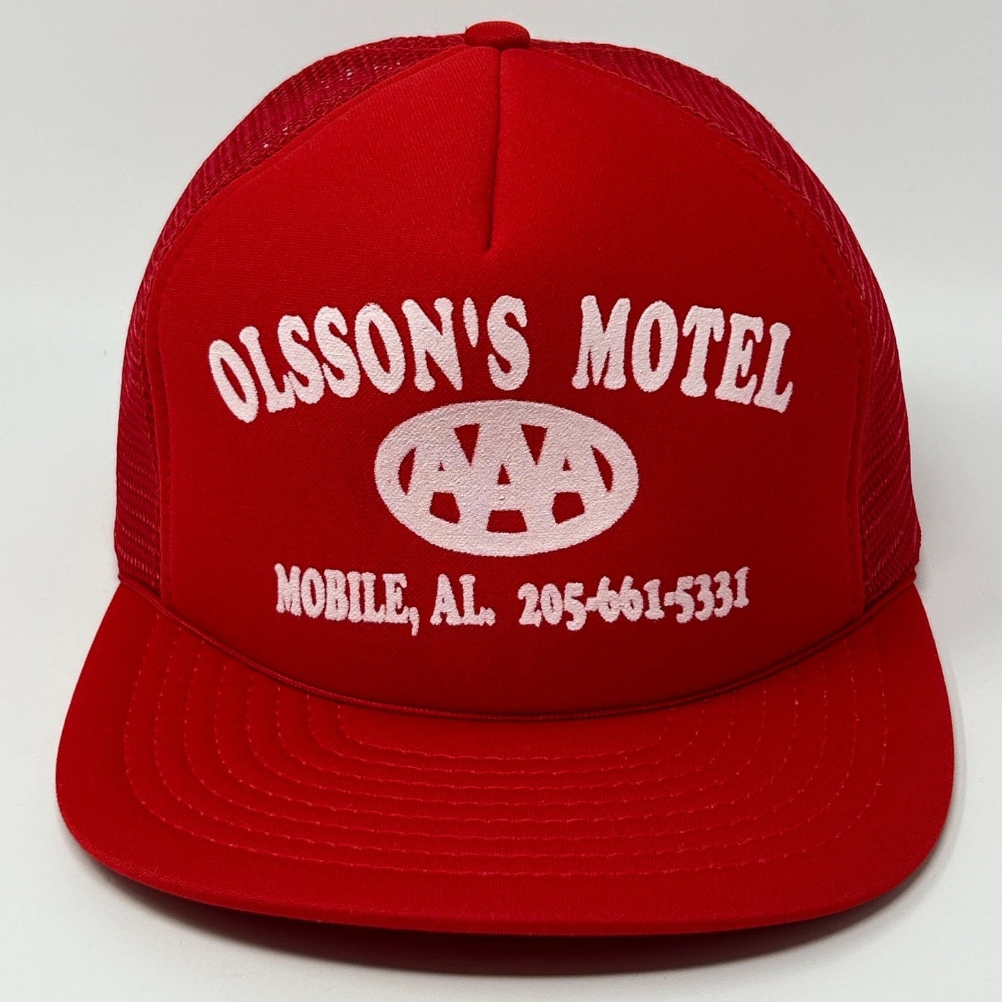 Vintage Olssons Motel Trucker Hat Cap Red 80s Mobile Alabama AAA Mesh Snapback