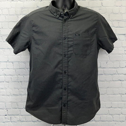 RVCA That'll Do Oxford Button Front Shirt Gray Slim Fit Short Sleeve L Large