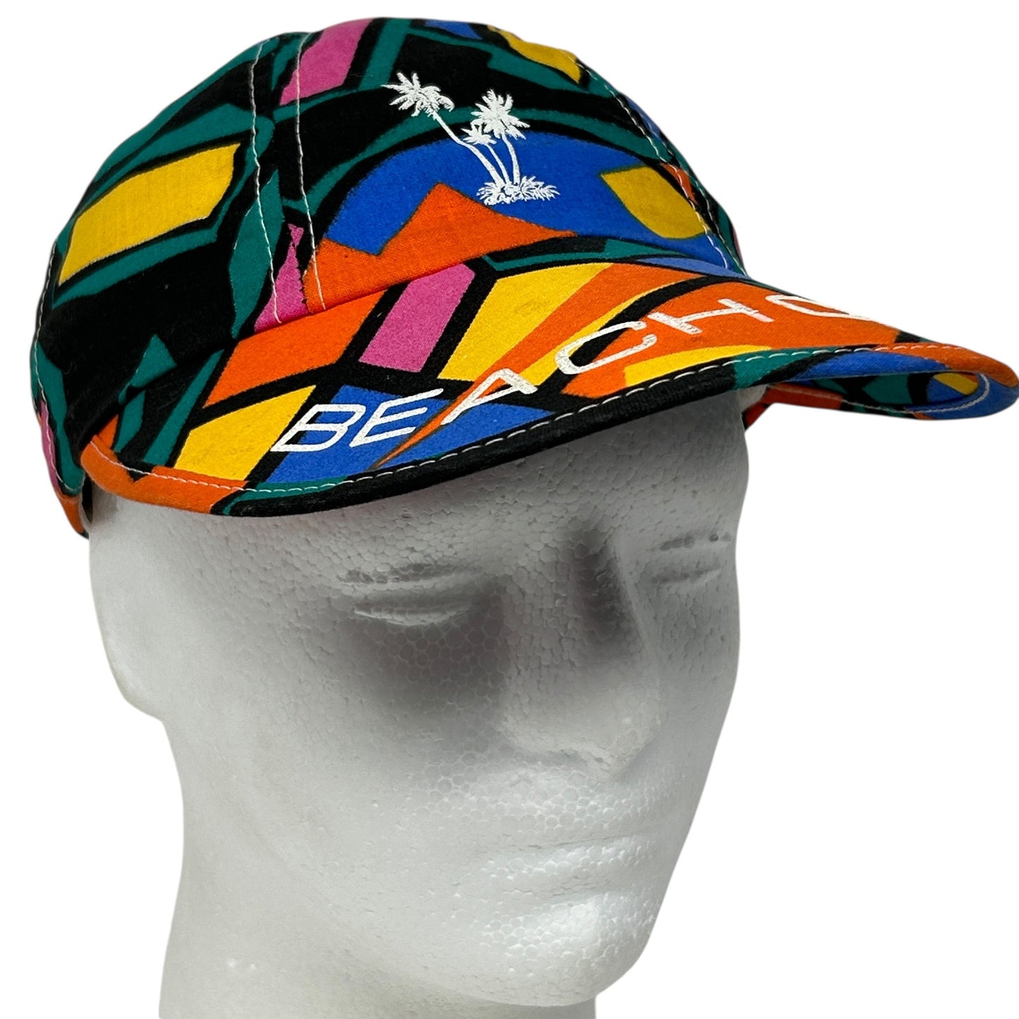 Colorful Long Bill Dad Hat featuring beach graphic and palm tree embroidery on the front
