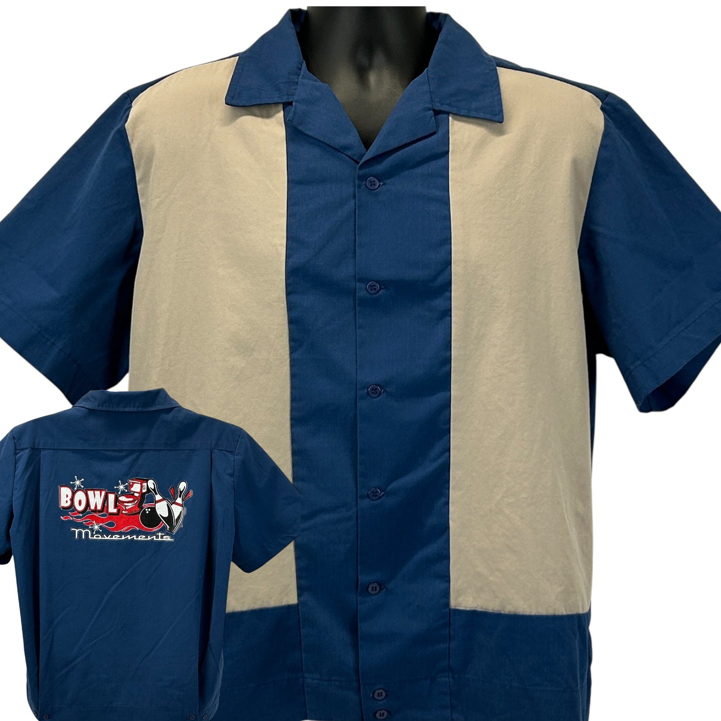Hilton Bowling Shirt in navy and beige with logo on back, front view showing button-up design