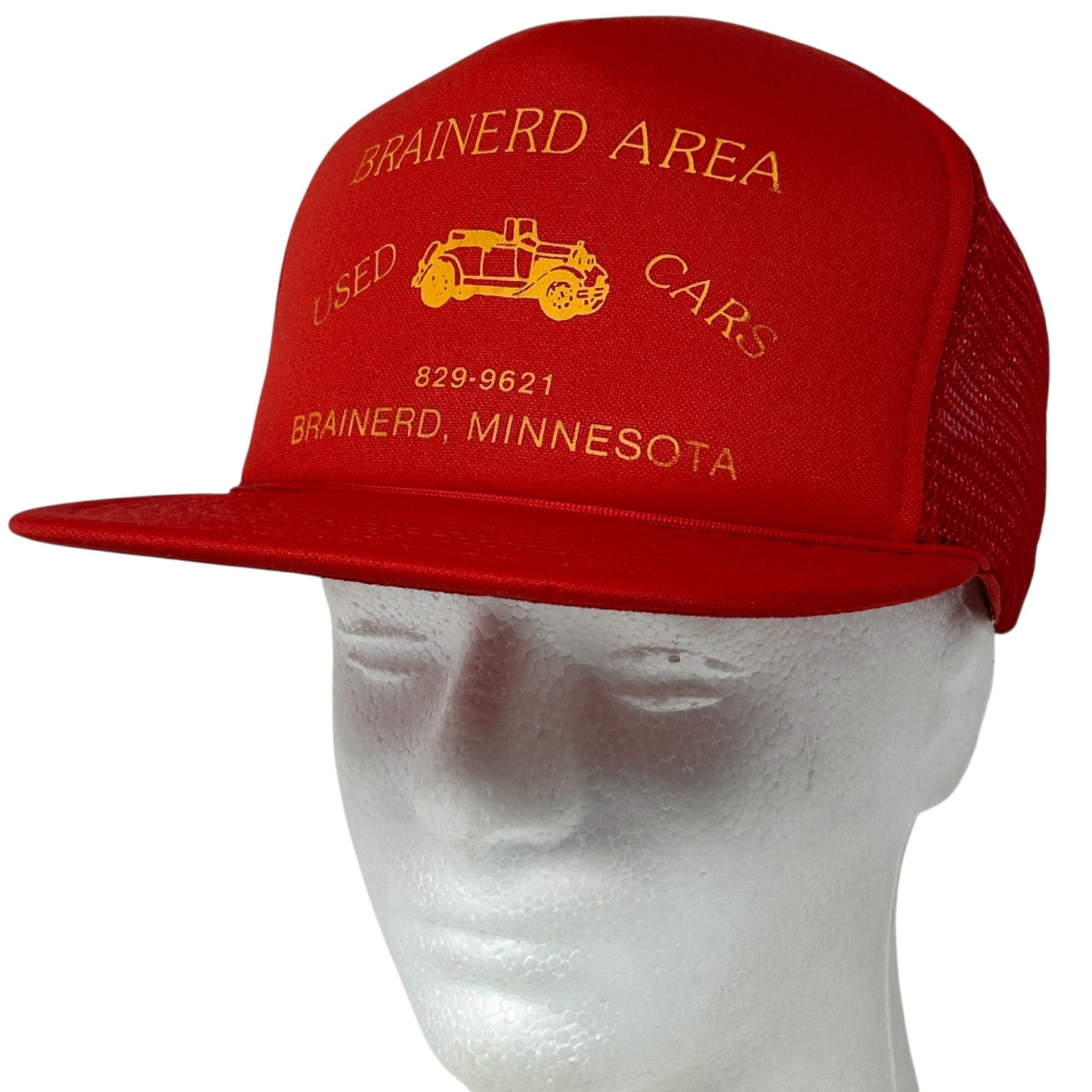 Red Otto Brainerd Area Used Cars Hat with Yellow Logo and Mesh Back, Adjustable Fit