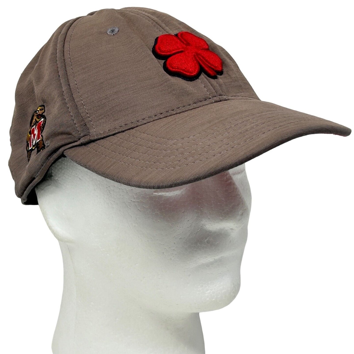 Brown Black Clover hat featuring Maryland Terrapins logo and red shamrock design, front view.
