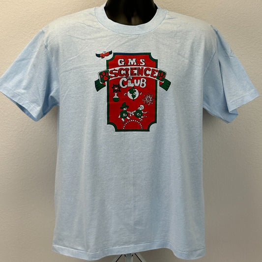 Vintage 90s GMS Science Club T Shirt Scientist School USA Made Blue Mens L Large