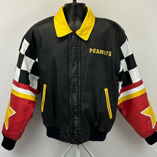 Vintage 90s Snoopy Peanuts Leather Bomber Jacket American Toons Black L Large - Neon Vintage