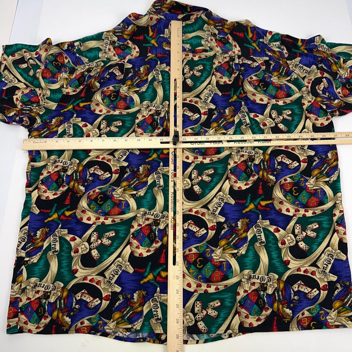Vintage shirt from Vintage era in colorful print, front view, size unspecified, vintage