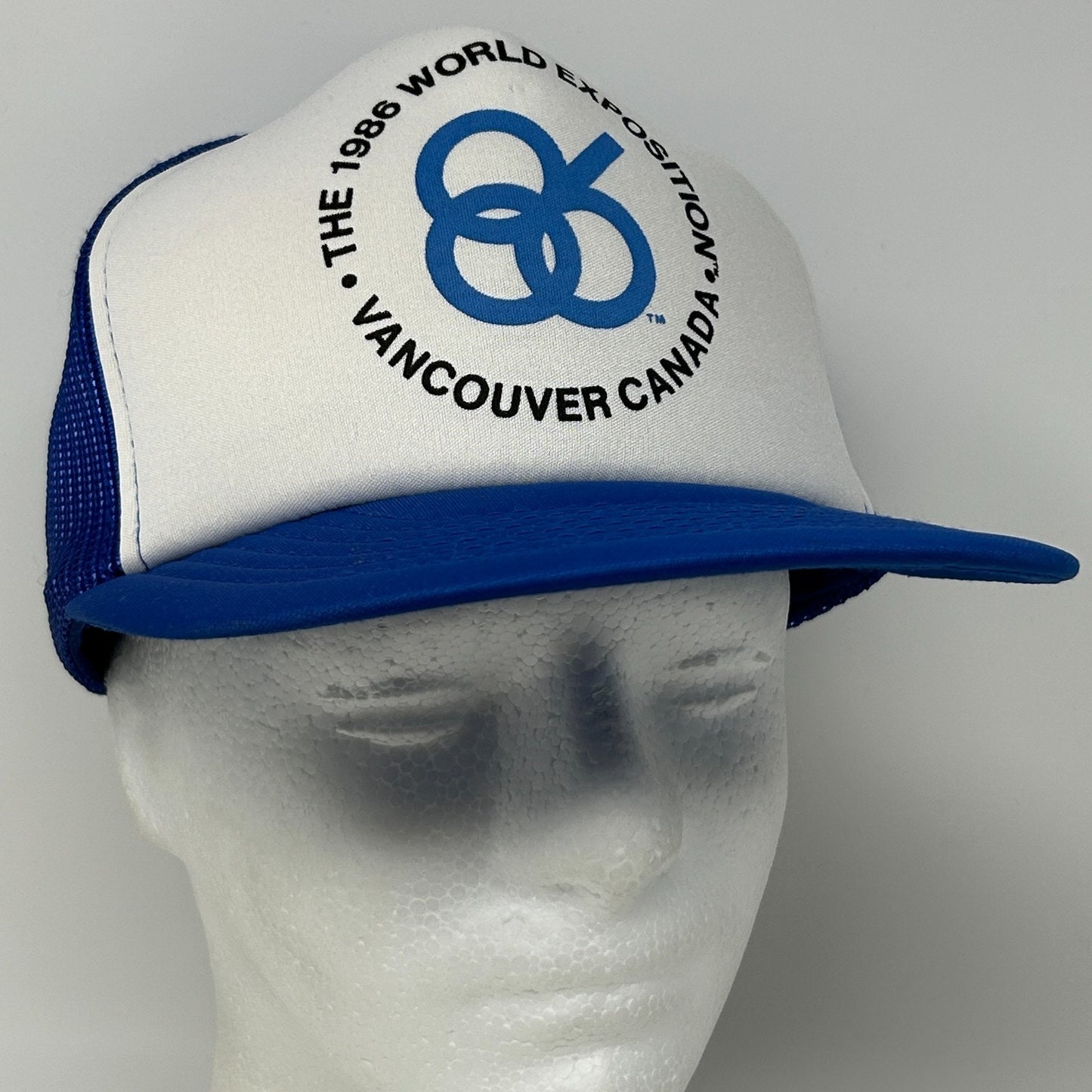 Vintage 1986 World Exposition Trucker Hat Baseball Cap Vancouver Snapback Blue