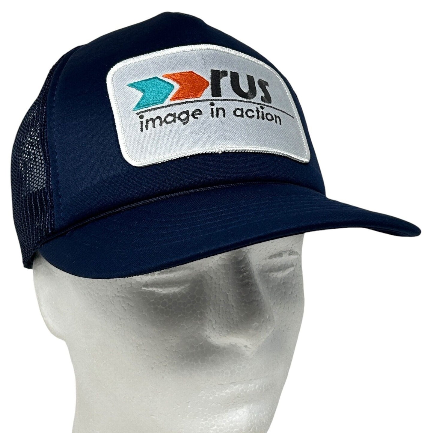Vintage 80s Rus Image In Action Patch Trucker Hat Baseball Cap Snapback Blue